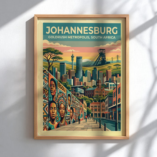 Travel poster of Johannesburg featuring a golden sunset, mining headgear, and city skyline.