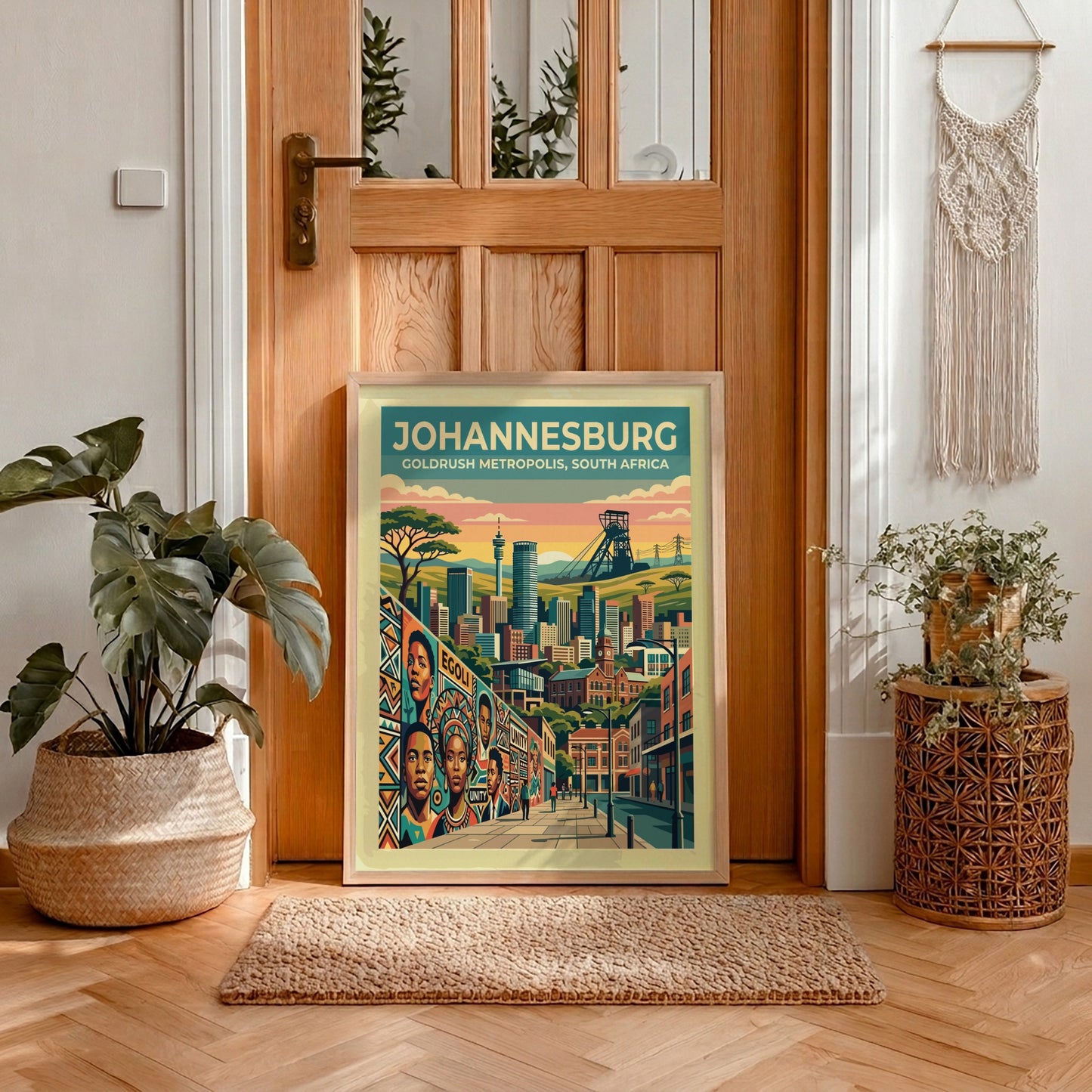Travel poster of Johannesburg featuring a golden sunset, mining headgear, and city skyline.
