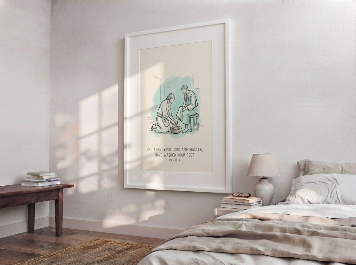 Poster featuring a gentle line drawing of Jesus washing feet with blue-green accents.