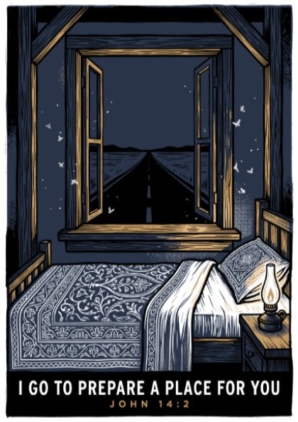 Poster displaying an open window at night with a road and scripture quote.