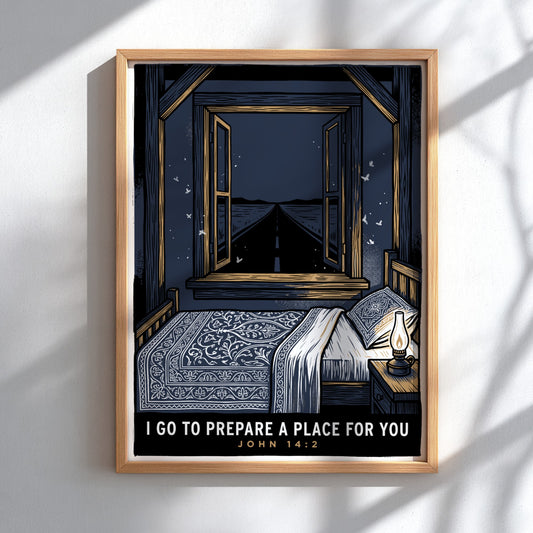 Poster displaying an open window at night with a road and scripture quote.