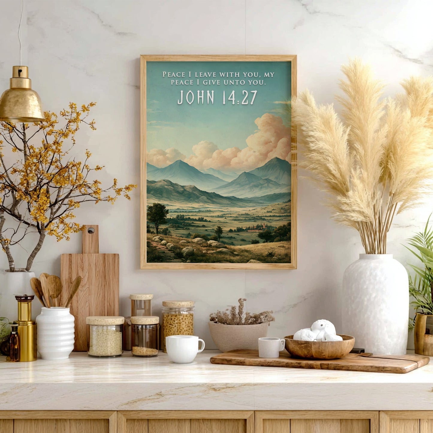 Poster featuring a peaceful mountain valley landscape under soft clouds with Bible verse text.