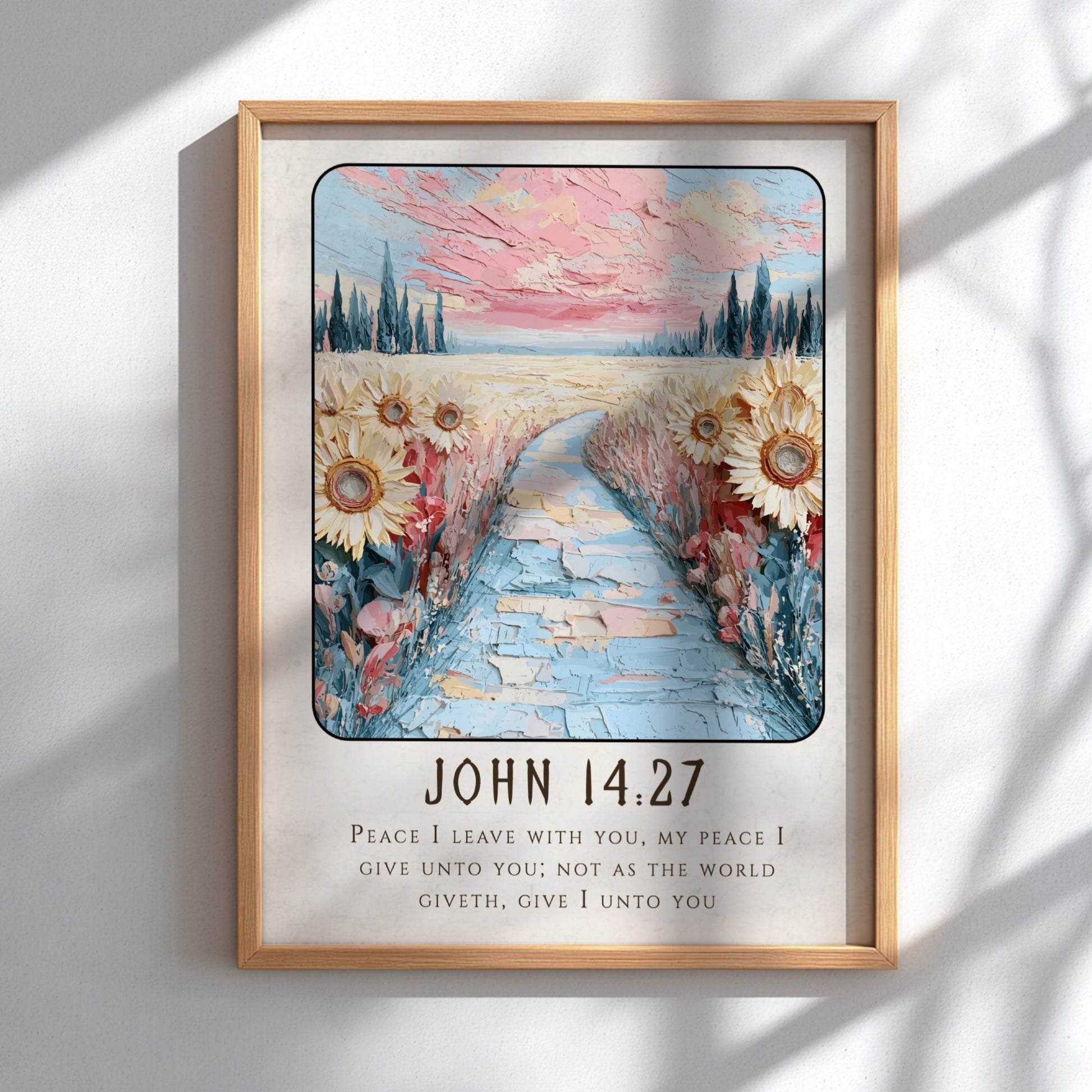 John 14:27 poster featuring sunflowers and a pastel sky, inspirational religion artwork