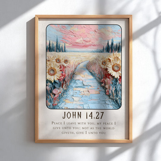 John 14:27 poster featuring sunflowers and a pastel sky, inspirational religion artwork
