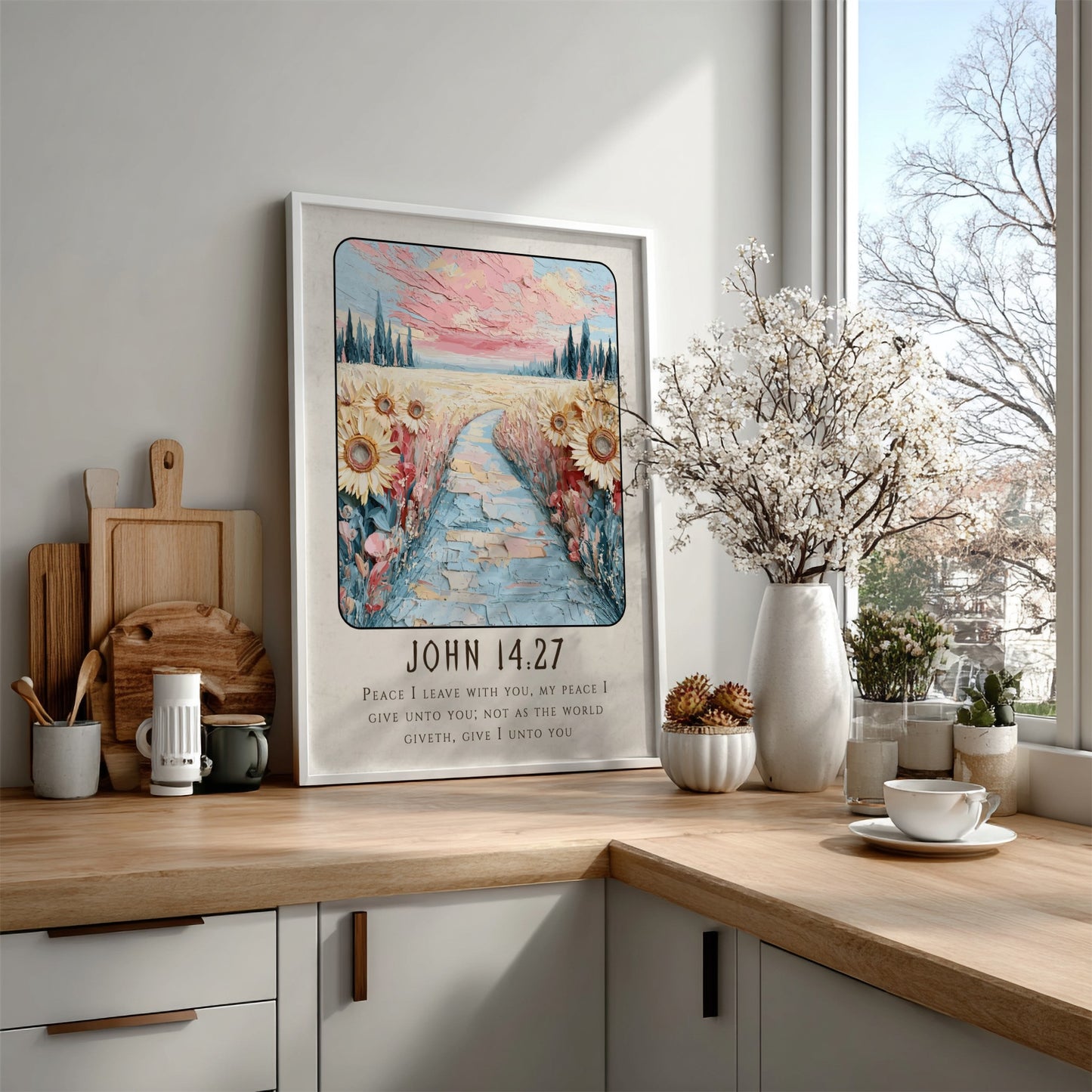 John 14:27 poster featuring sunflowers and a pastel sky, inspirational religion artwork