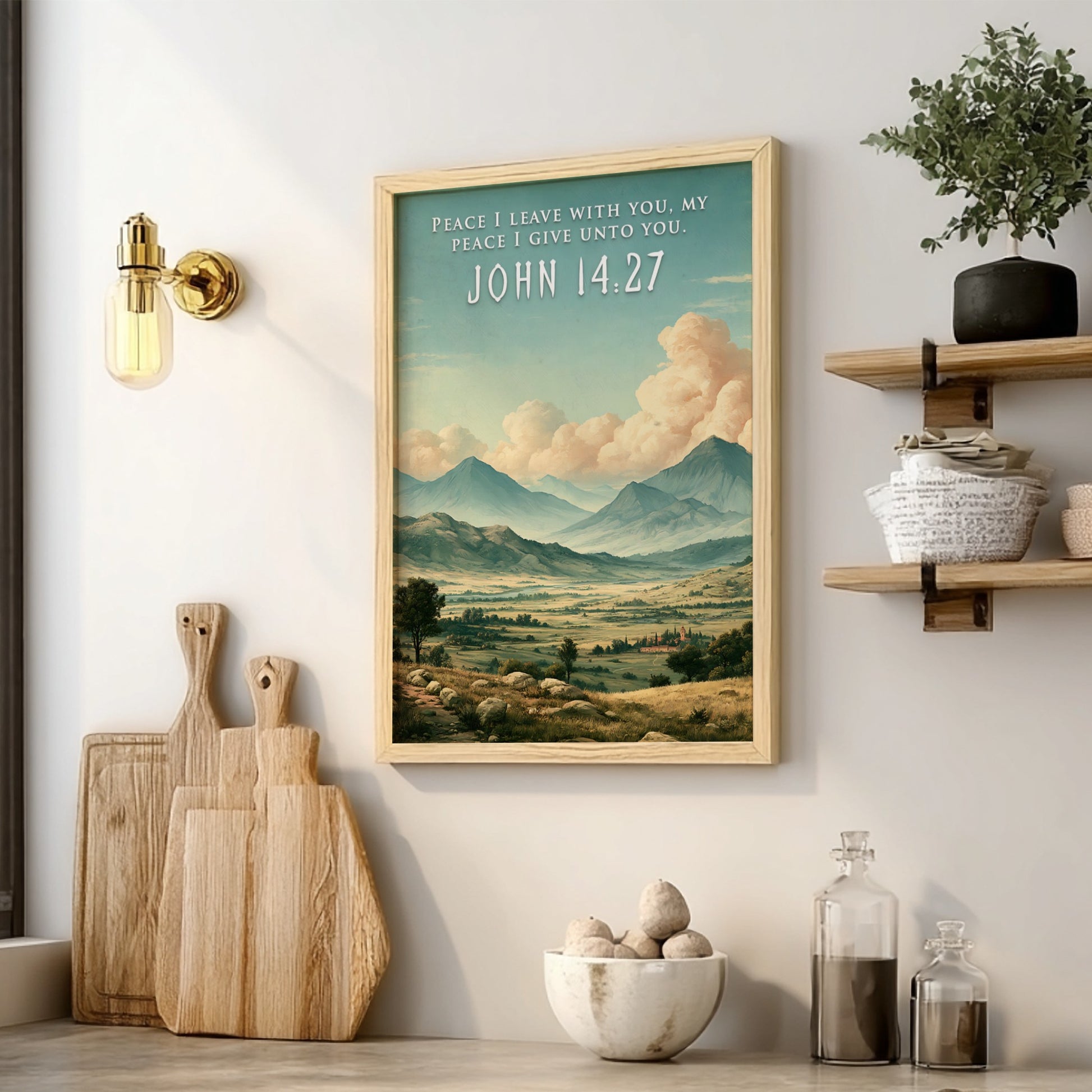 Poster featuring a peaceful mountain valley landscape under soft clouds with Bible verse text.