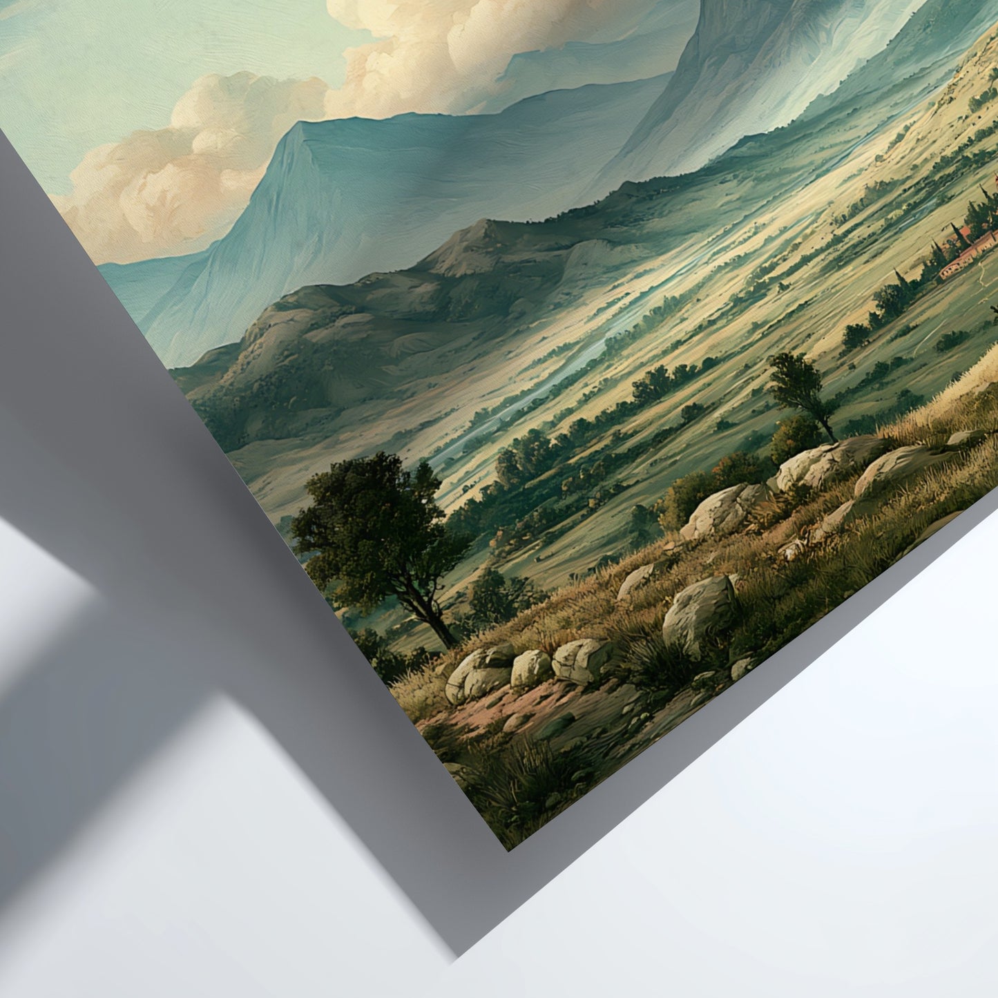 Poster featuring a peaceful mountain valley landscape under soft clouds with Bible verse text.