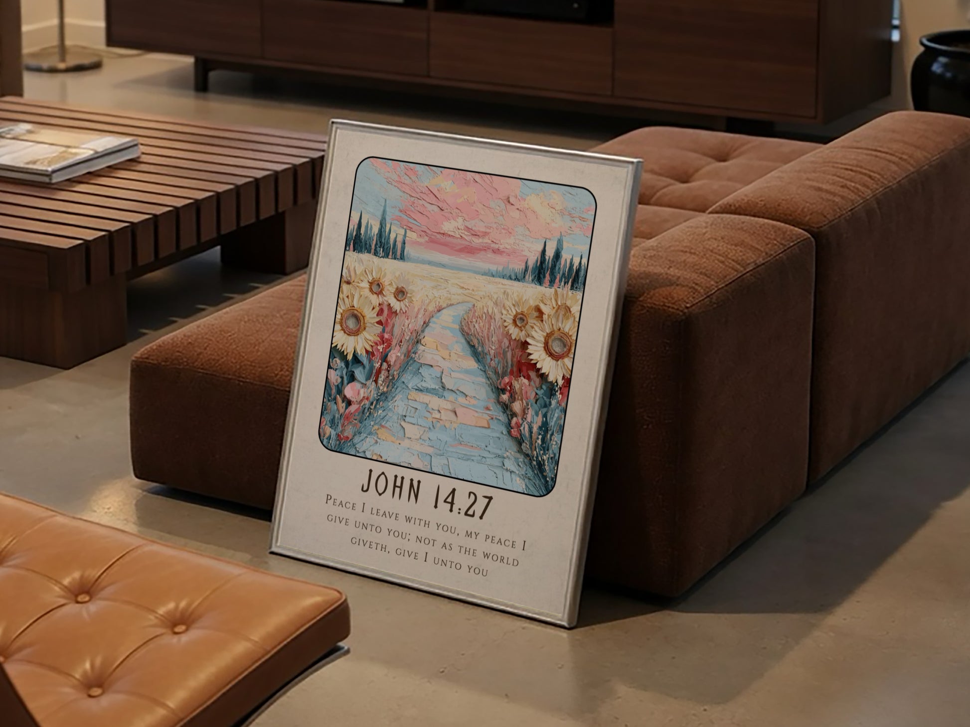 John 14:27 poster featuring sunflowers and a pastel sky, inspirational religion artwork