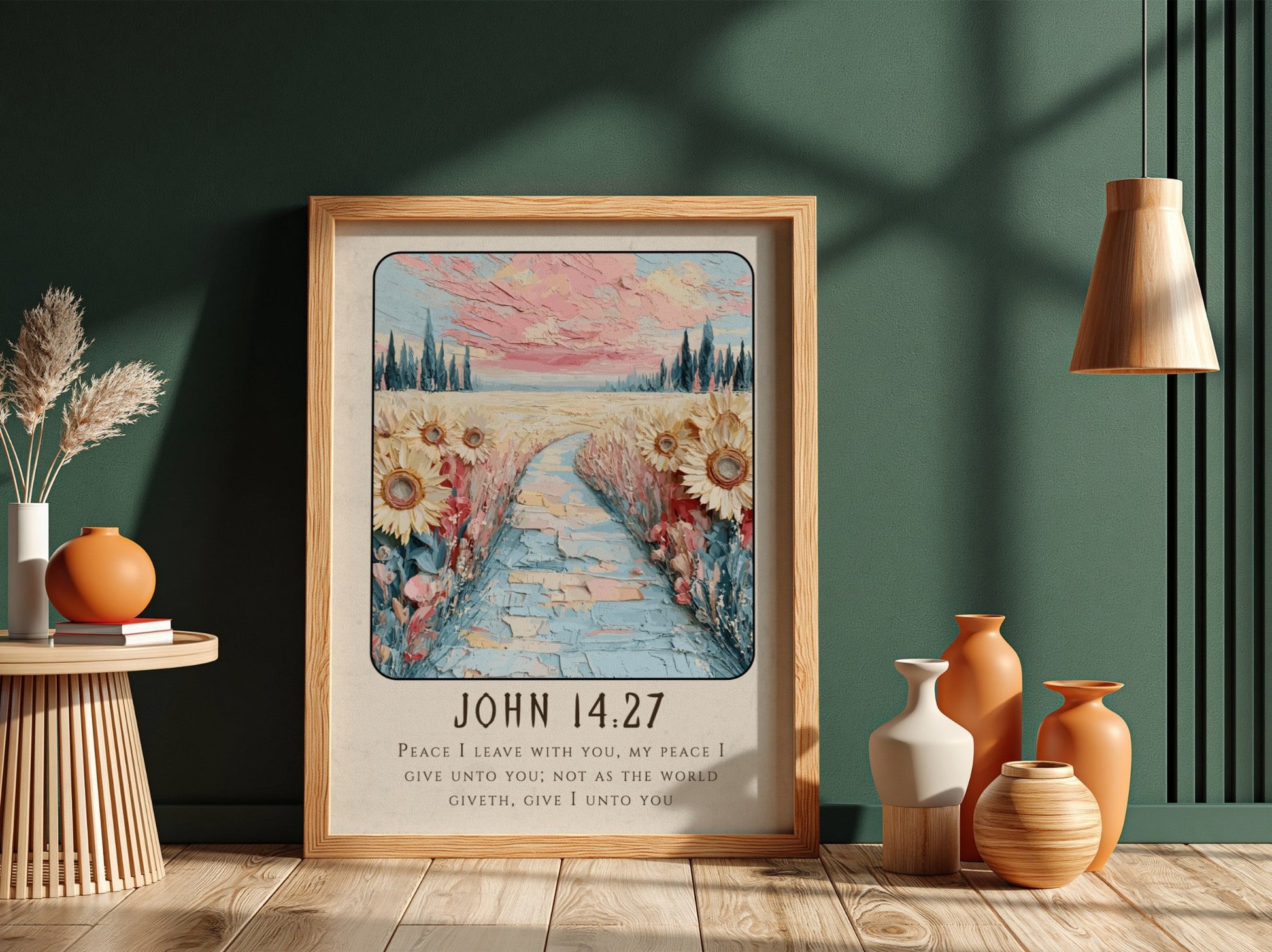 John 14:27 poster featuring sunflowers and a pastel sky, inspirational religion artwork