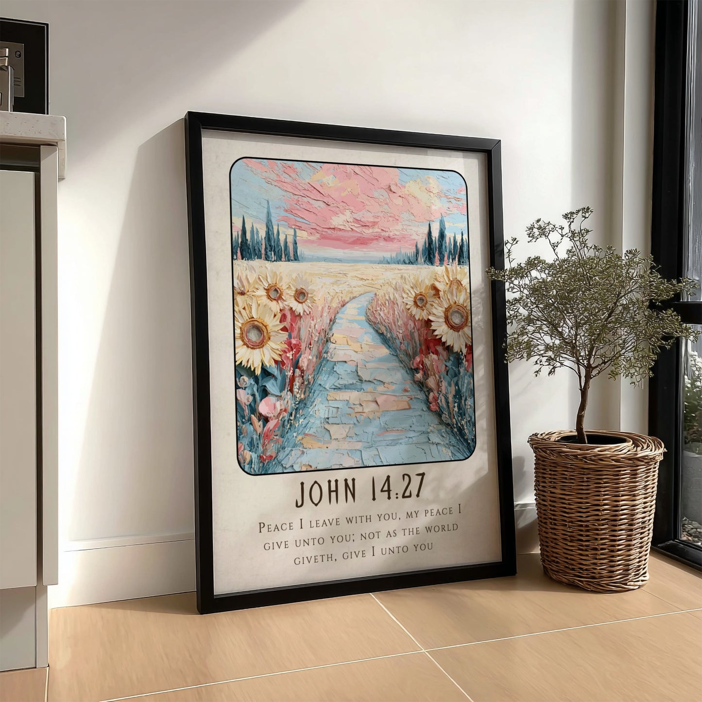 John 14:27 poster featuring sunflowers and a pastel sky, inspirational religion artwork