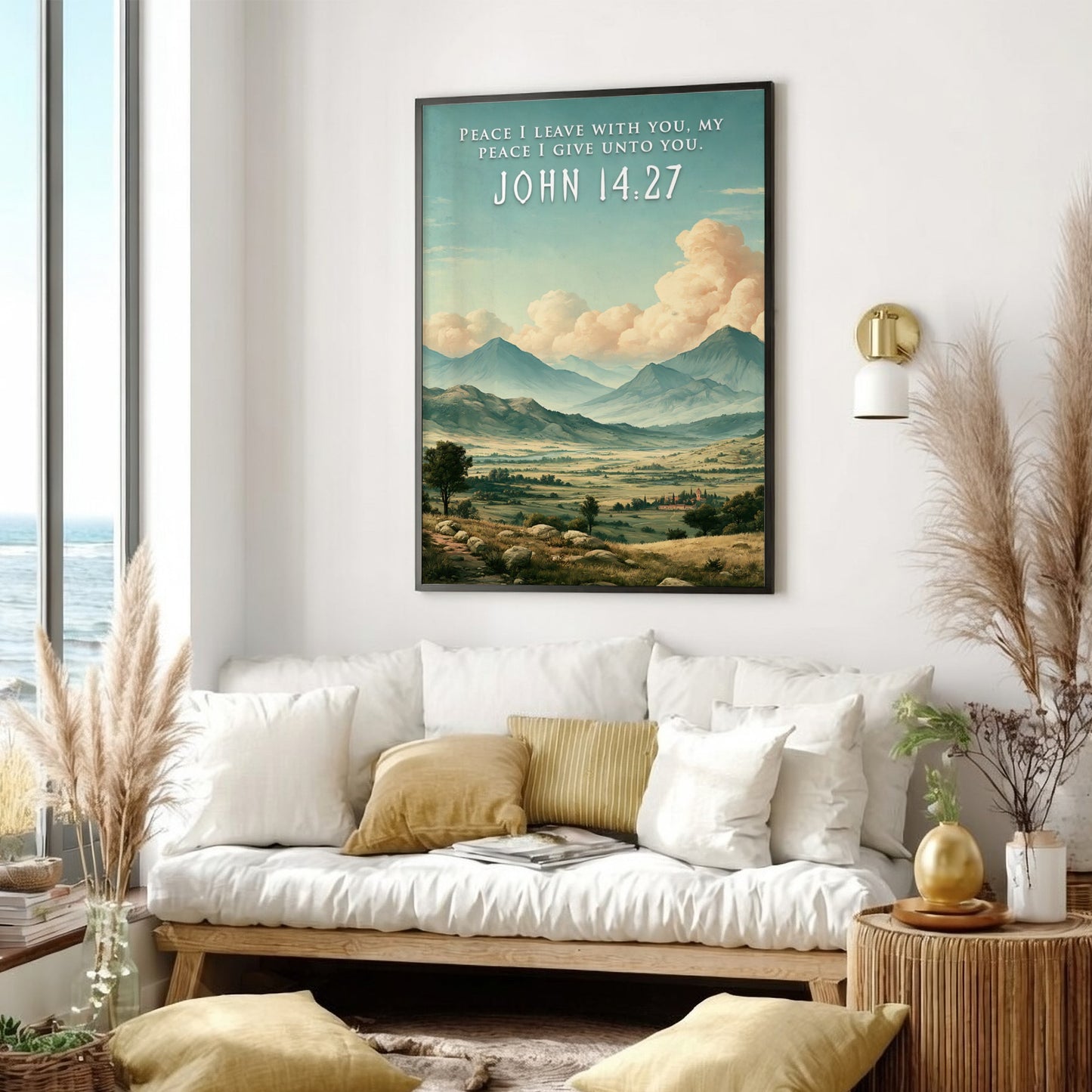 Poster featuring a peaceful mountain valley landscape under soft clouds with Bible verse text.