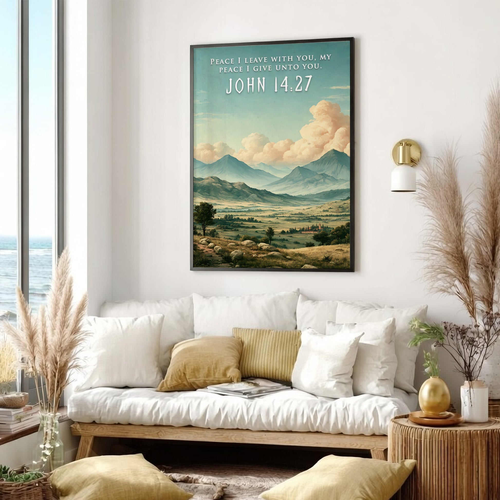 Poster featuring a peaceful mountain valley landscape under soft clouds with Bible verse text.