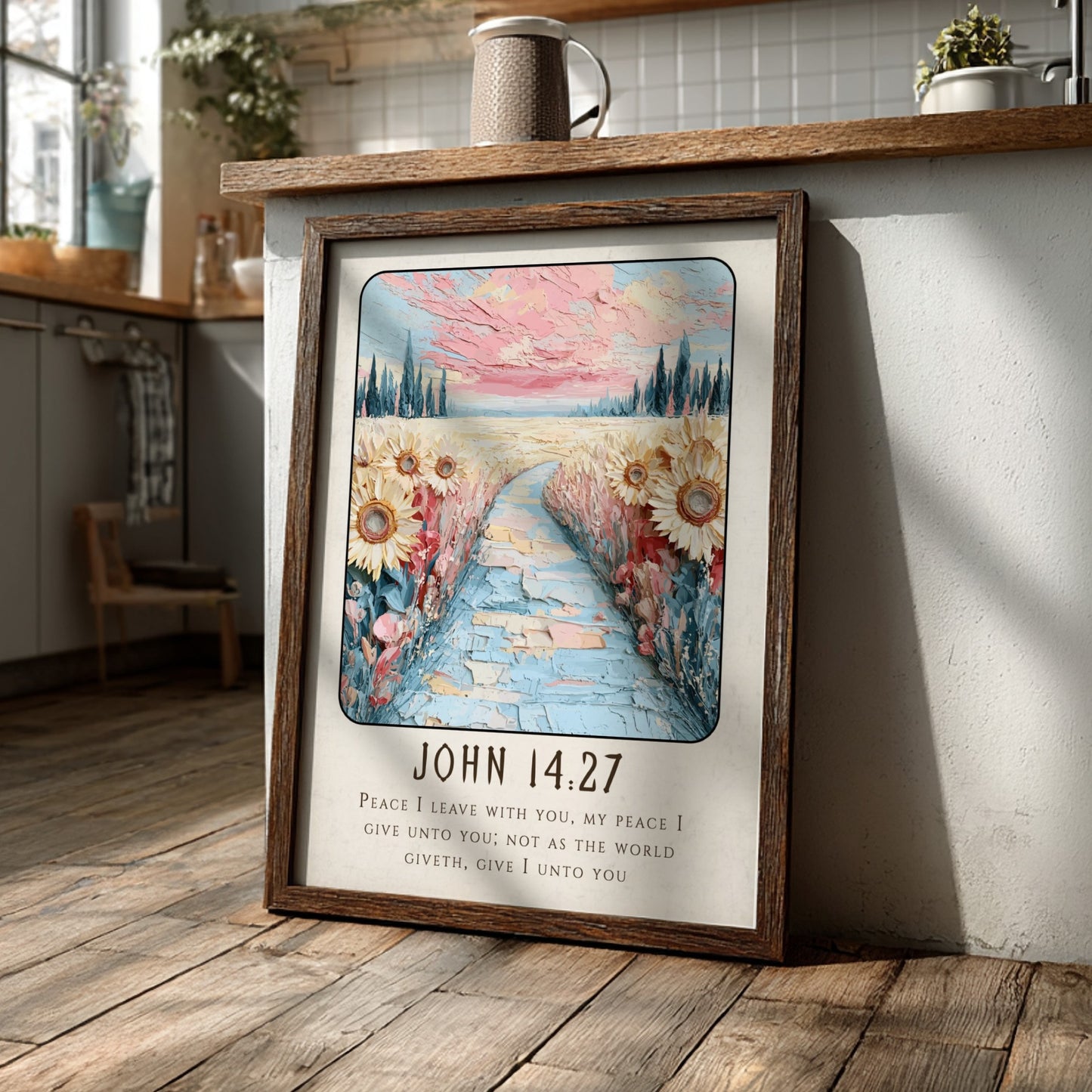 John 14:27 poster featuring sunflowers and a pastel sky, inspirational religion artwork