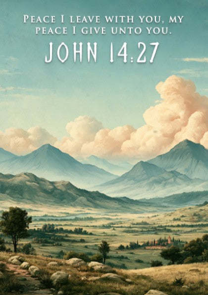 Poster featuring a peaceful mountain valley landscape under soft clouds with Bible verse text.