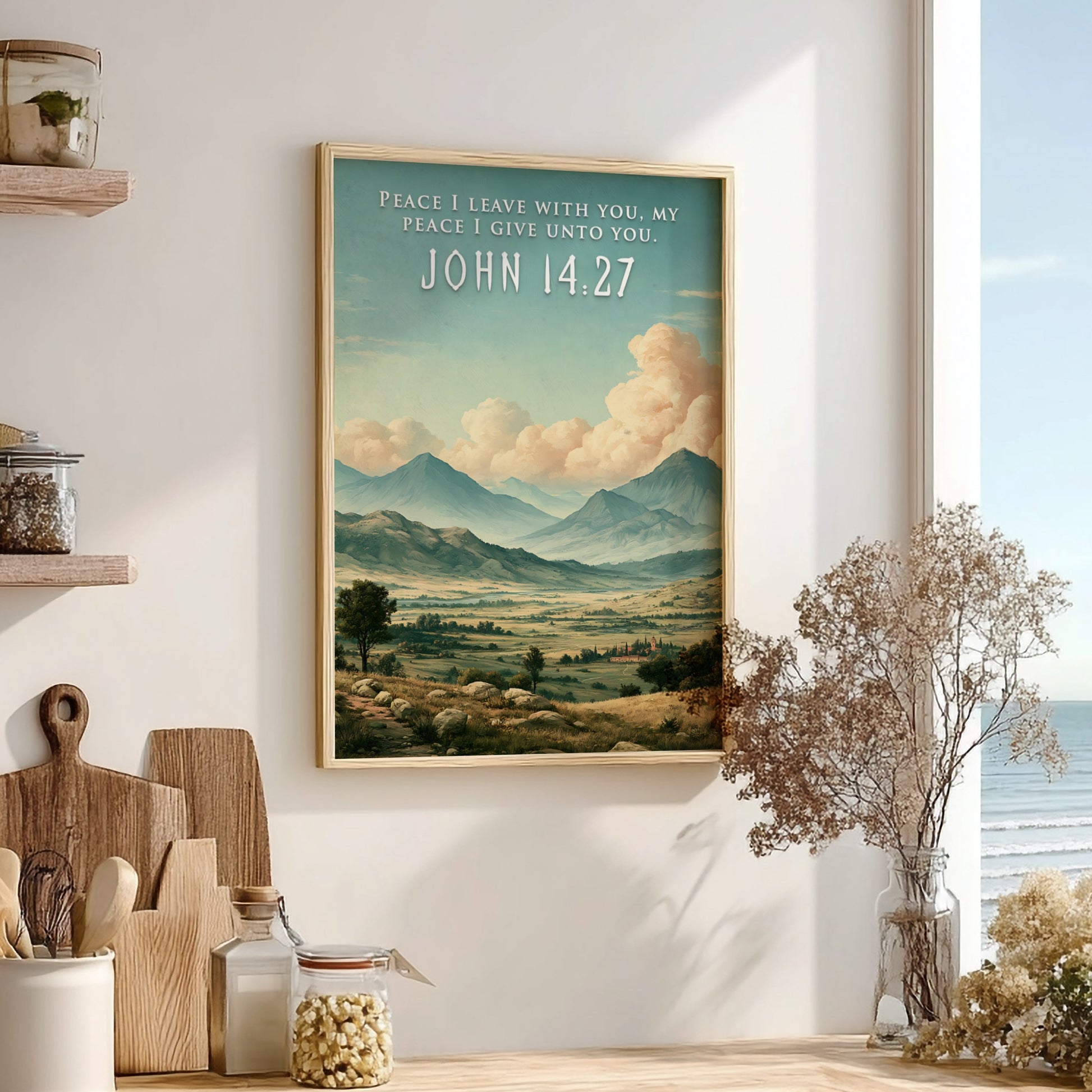 Poster featuring a peaceful mountain valley landscape under soft clouds with Bible verse text.