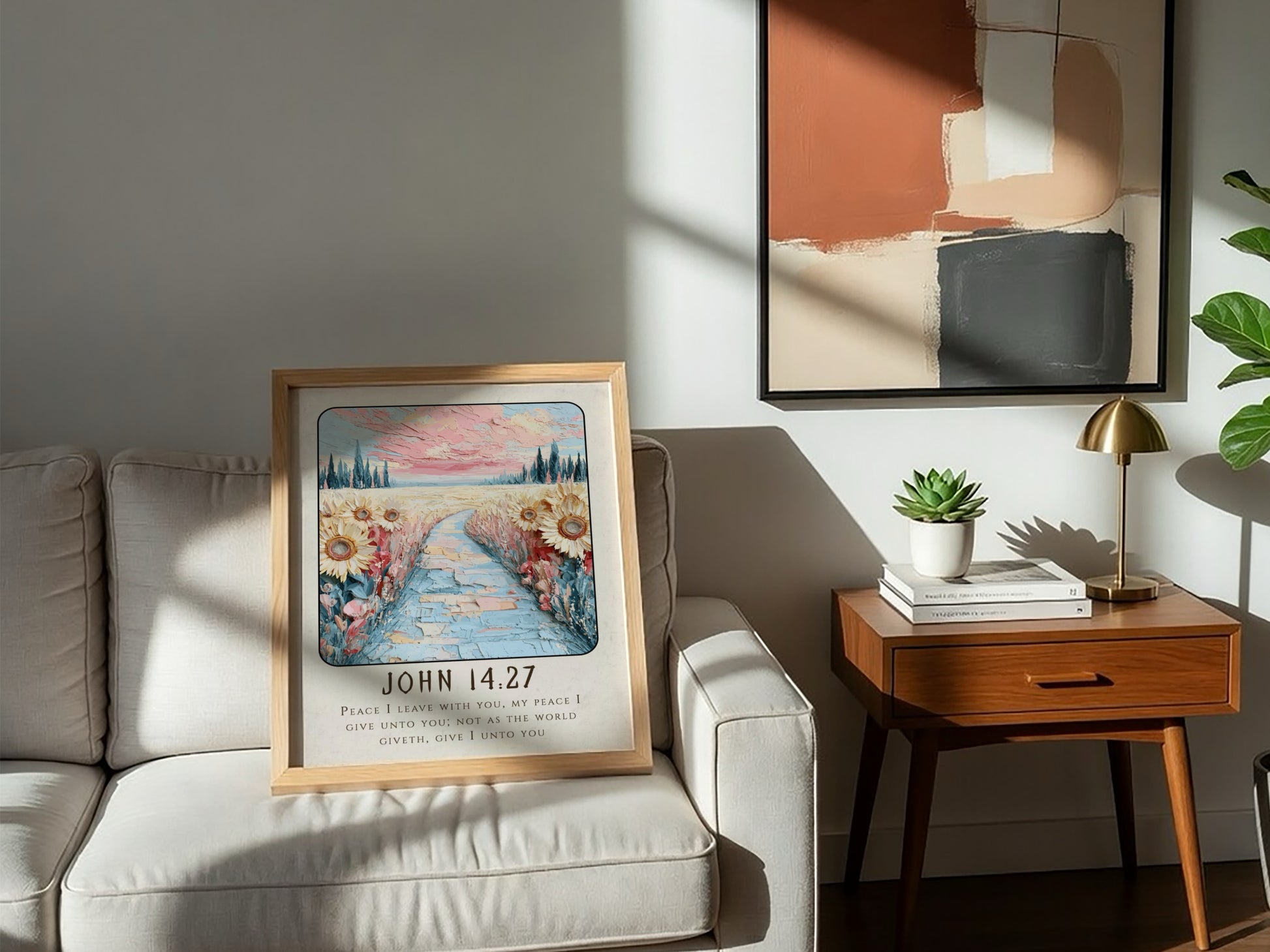 John 14:27 poster featuring sunflowers and a pastel sky, inspirational religion artwork