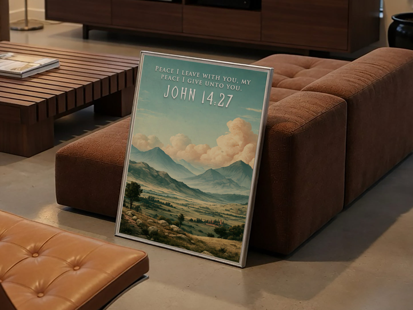 Poster featuring a peaceful mountain valley landscape under soft clouds with Bible verse text.