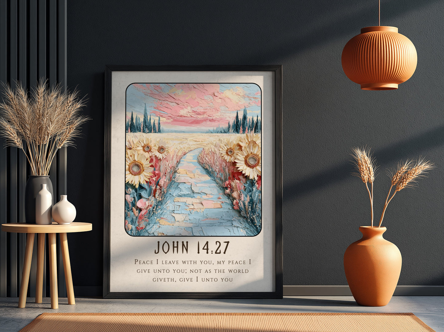 John 14:27 poster featuring sunflowers and a pastel sky, inspirational religion artwork