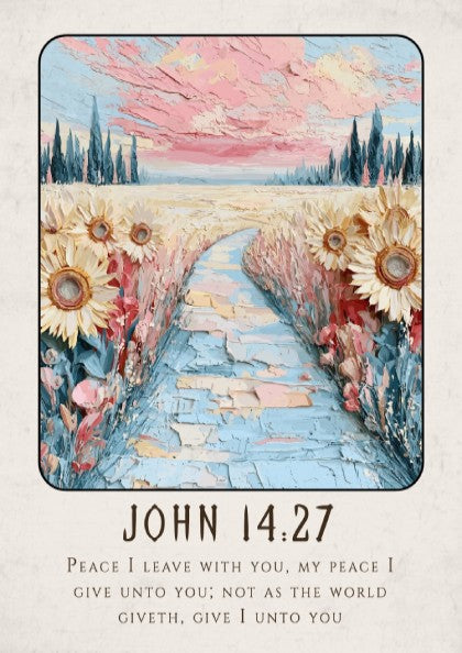 John 14:27 poster featuring sunflowers and a pastel sky, inspirational religion artwork