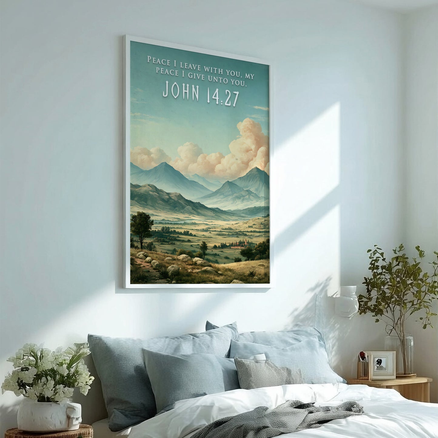 Poster featuring a peaceful mountain valley landscape under soft clouds with Bible verse text.