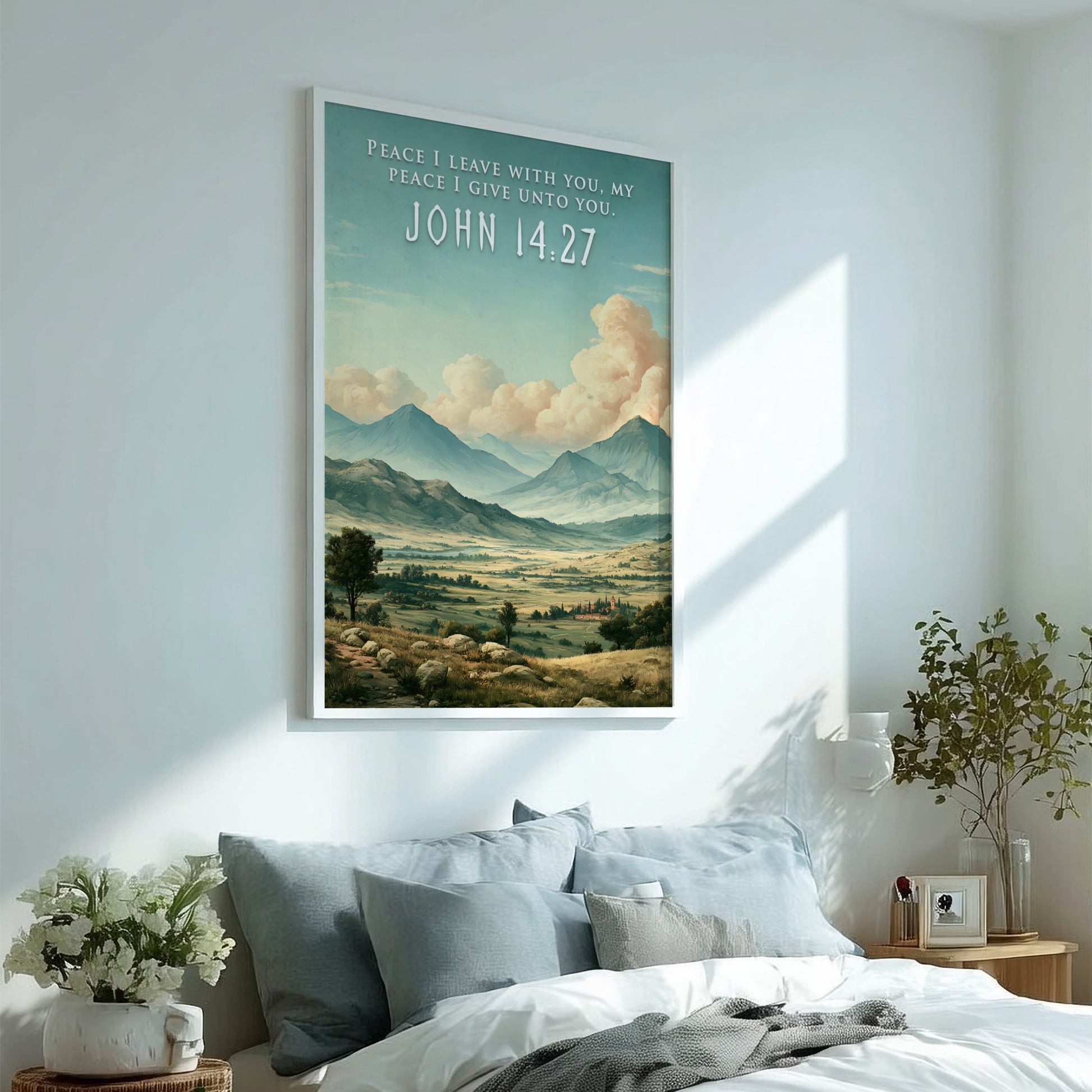 Poster featuring a peaceful mountain valley landscape under soft clouds with Bible verse text.