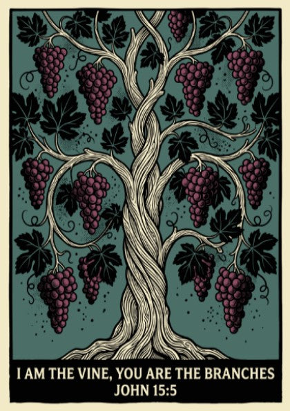 Poster featuring a detailed grapevine illustration with burgundy grapes and the text John 15-5