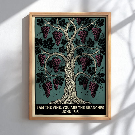 Poster featuring a detailed grapevine illustration with burgundy grapes and the text John 15-5