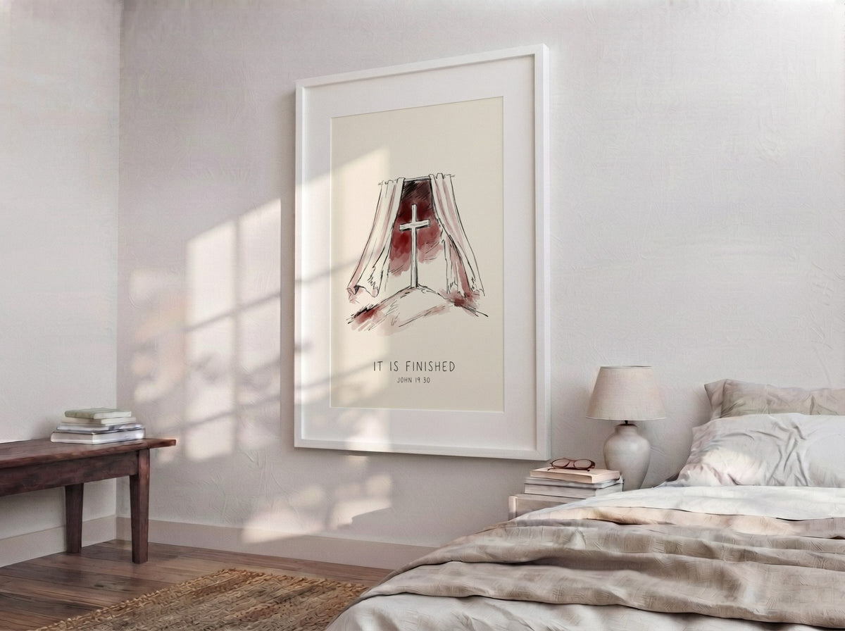 Poster featuring a wooden cross between torn curtains with the text It Is Finished
