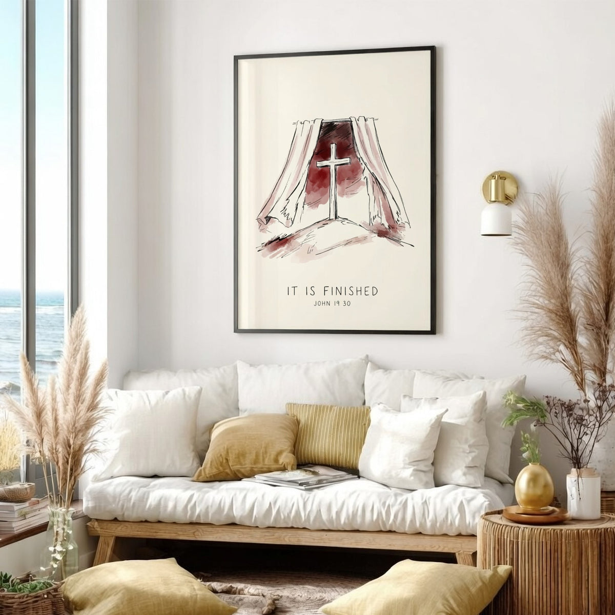 Poster featuring a wooden cross between torn curtains with the text It Is Finished