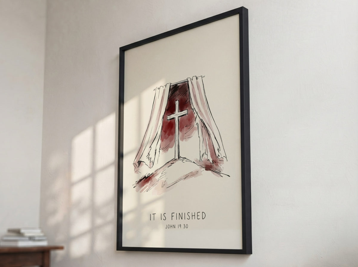 Poster featuring a wooden cross between torn curtains with the text It Is Finished