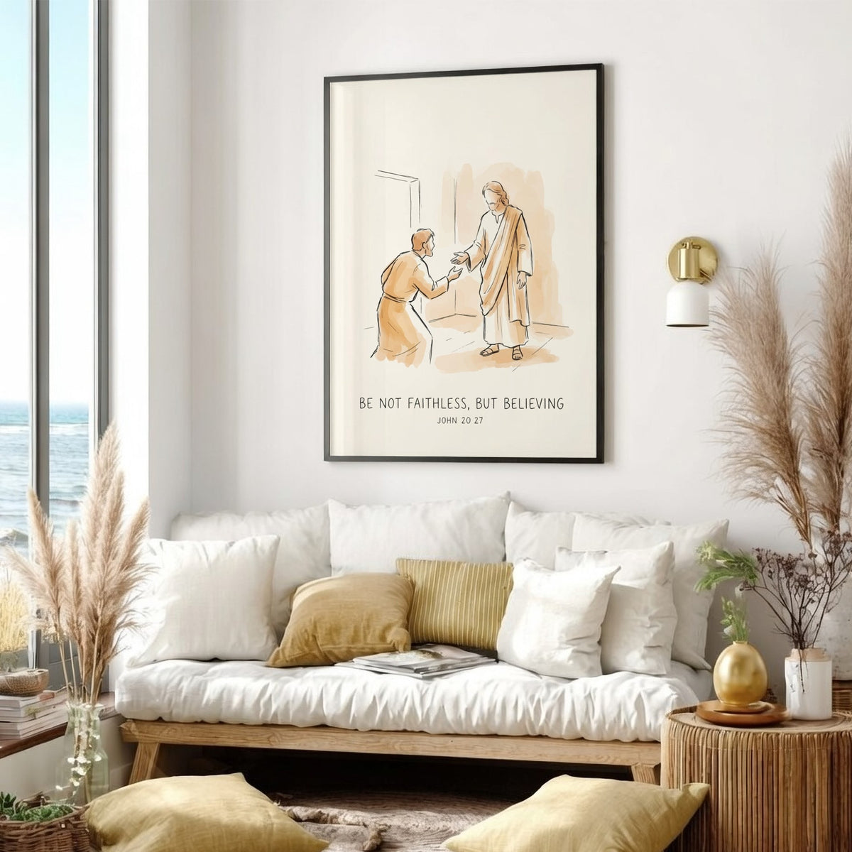 Poster featuring a gentle ink illustration of Jesus reaching out to a man.