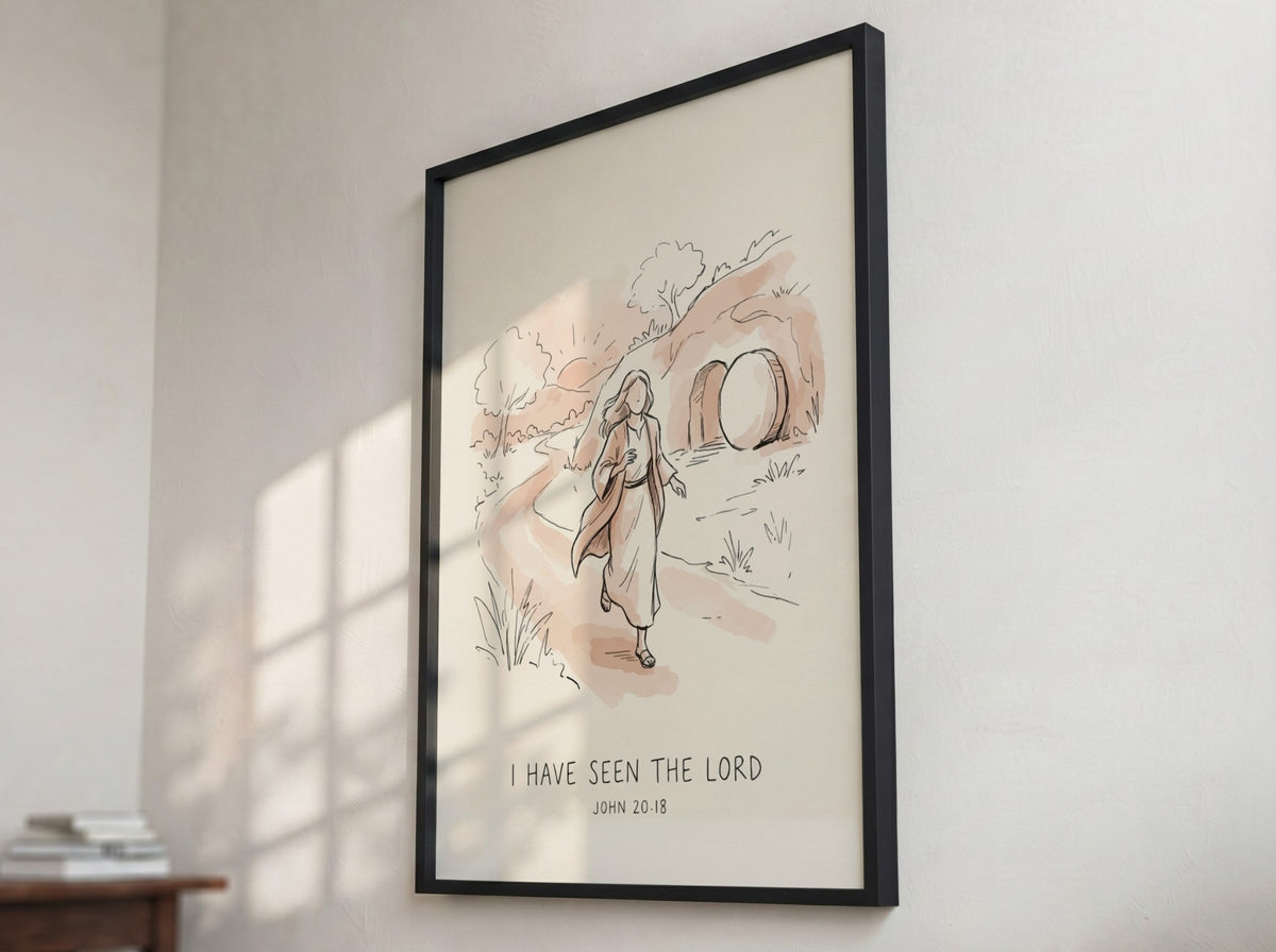 Poster featuring a soft watercolour illustration of a woman running from an open tomb.
