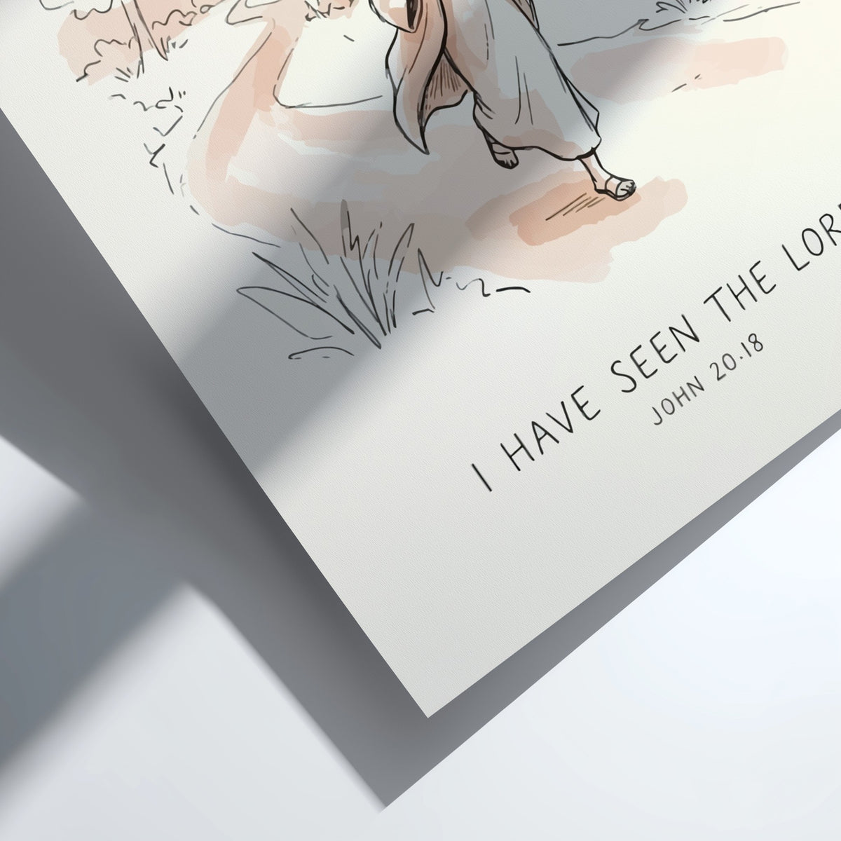 Poster featuring a soft watercolour illustration of a woman running from an open tomb.