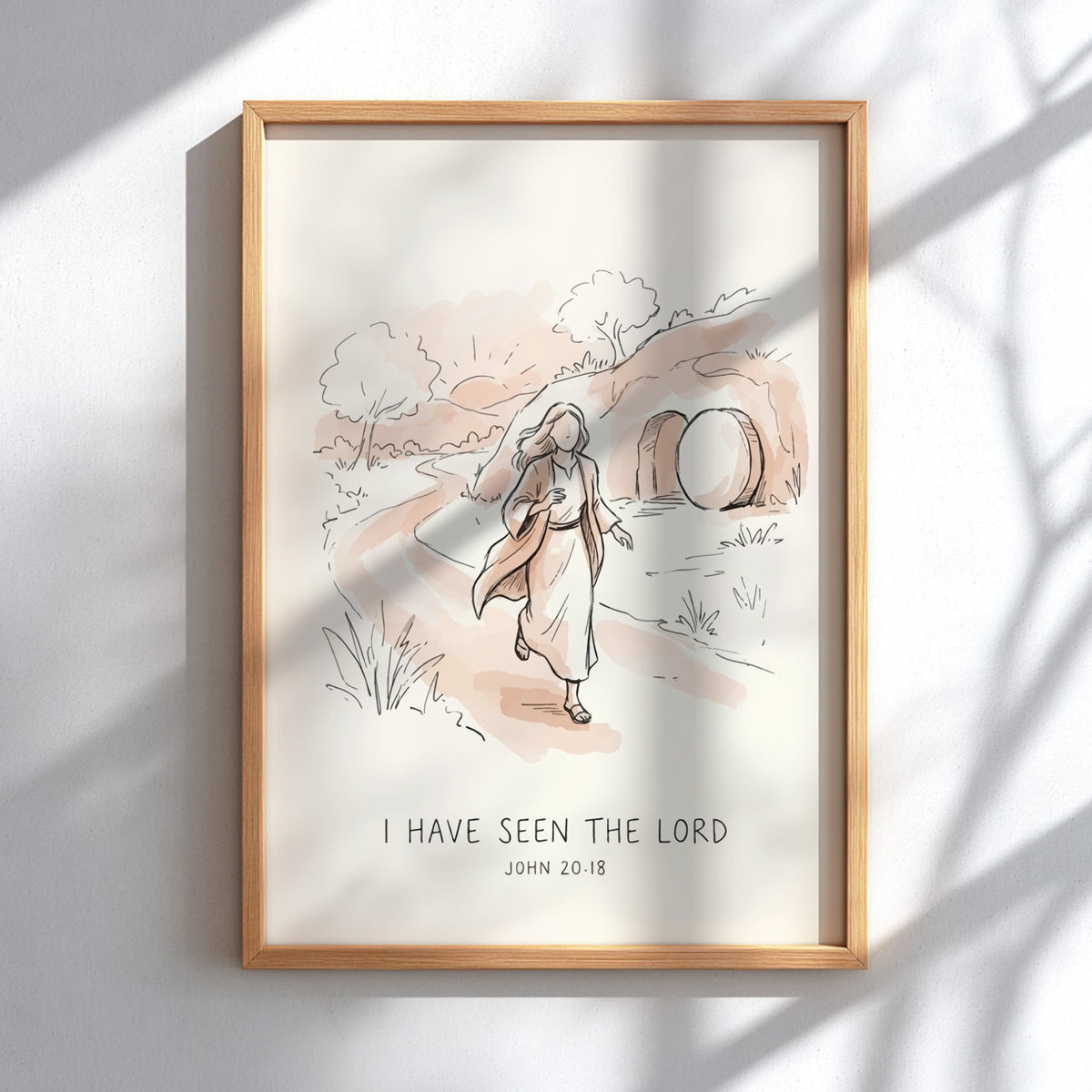Poster featuring a soft watercolour illustration of a woman running from an open tomb.