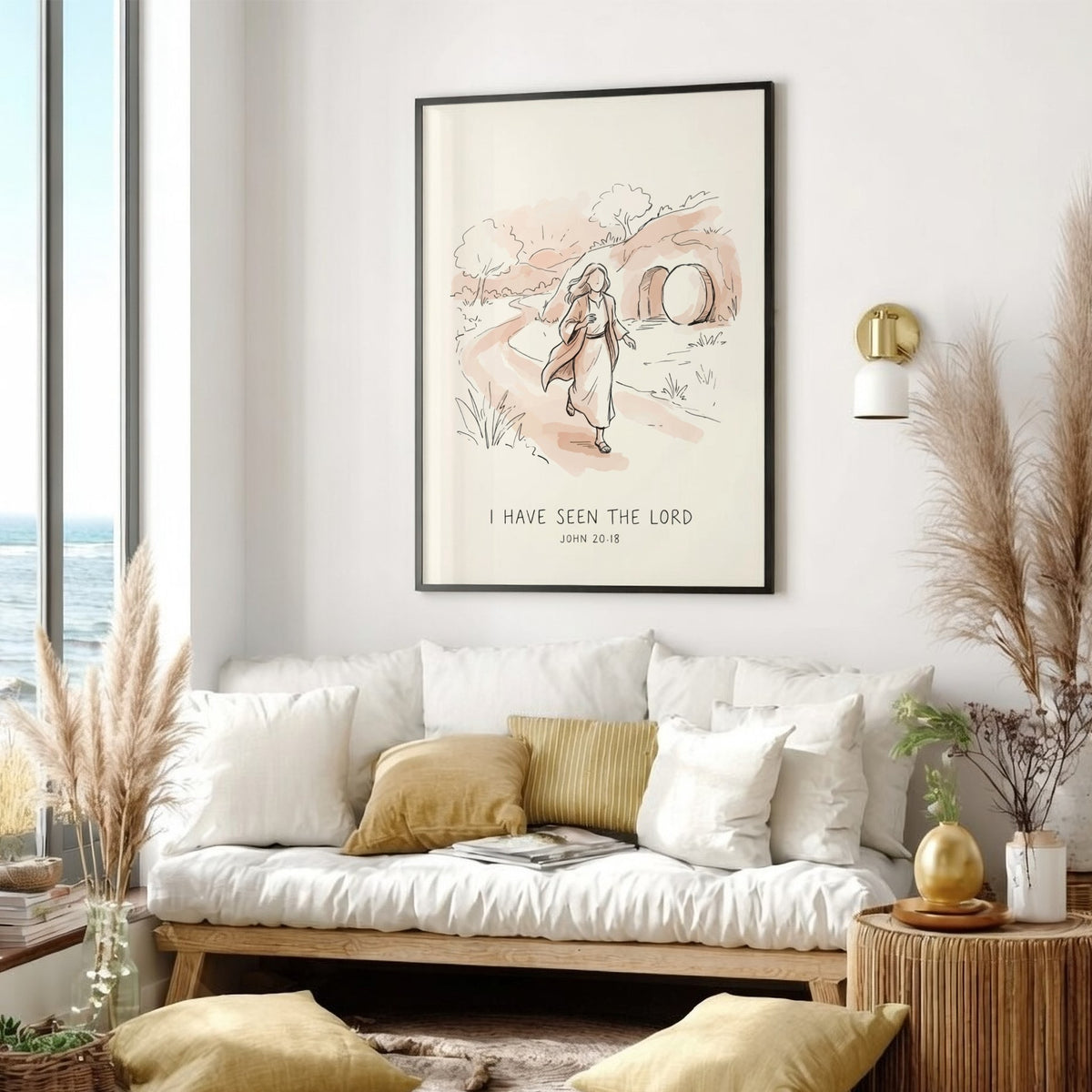 Poster featuring a soft watercolour illustration of a woman running from an open tomb.