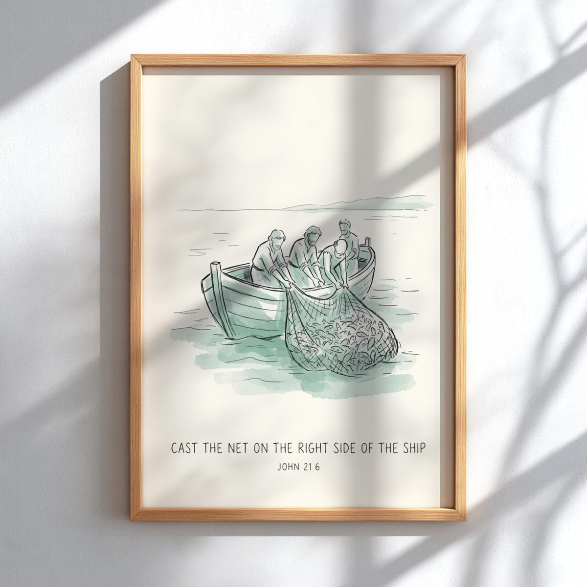 Poster featuring a sketch of fishermen pulling a net of fish into a boat.