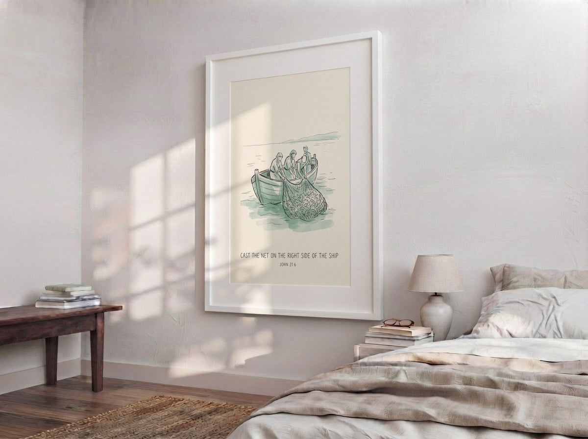 Poster featuring a sketch of fishermen pulling a net of fish into a boat.