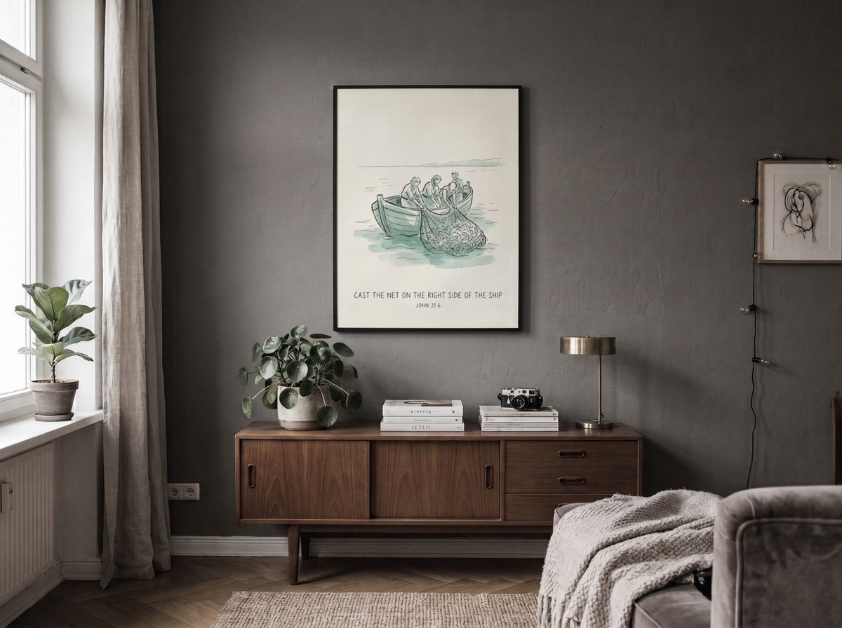 Poster featuring a sketch of fishermen pulling a net of fish into a boat.