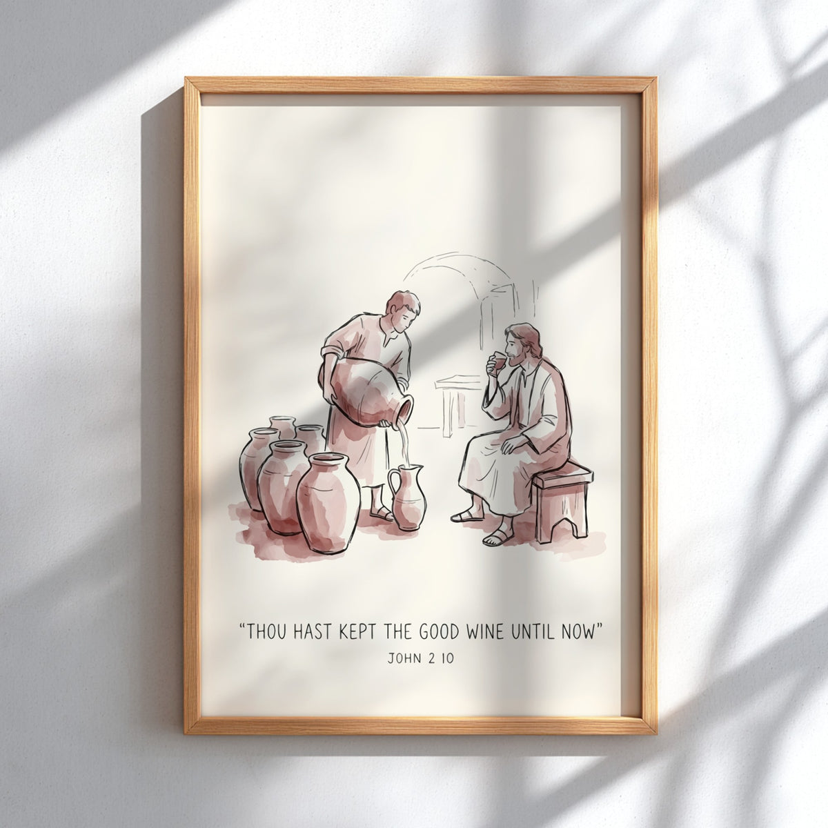 Poster featuring a soft ink wash illustration of a biblical miracle with warm tones.