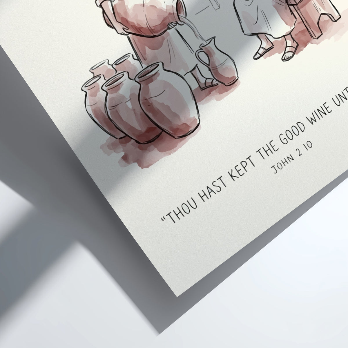 Poster featuring a soft ink wash illustration of a biblical miracle with warm tones.