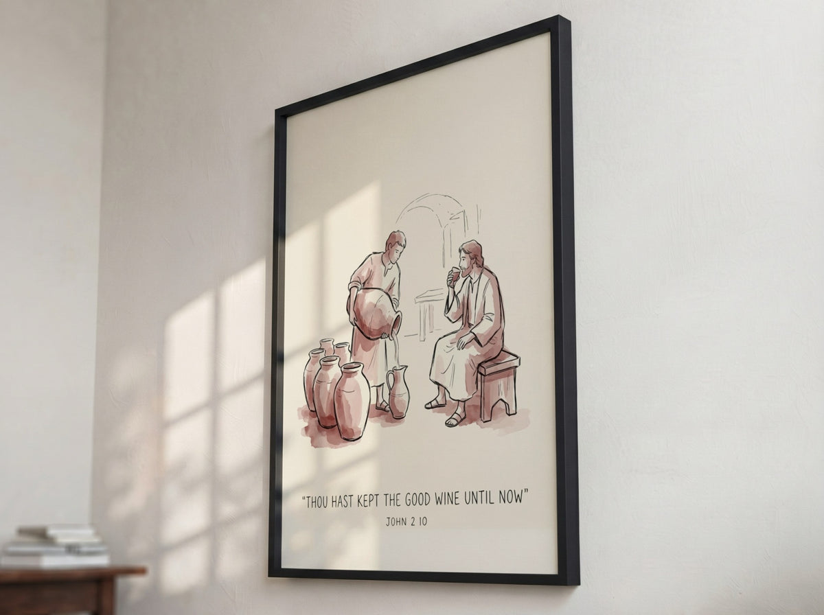 Poster featuring a soft ink wash illustration of a biblical miracle with warm tones.