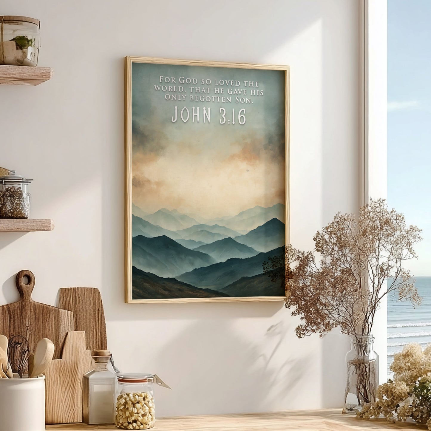 Poster of a mountain landscape with John 3:16 text in soft blue tones.