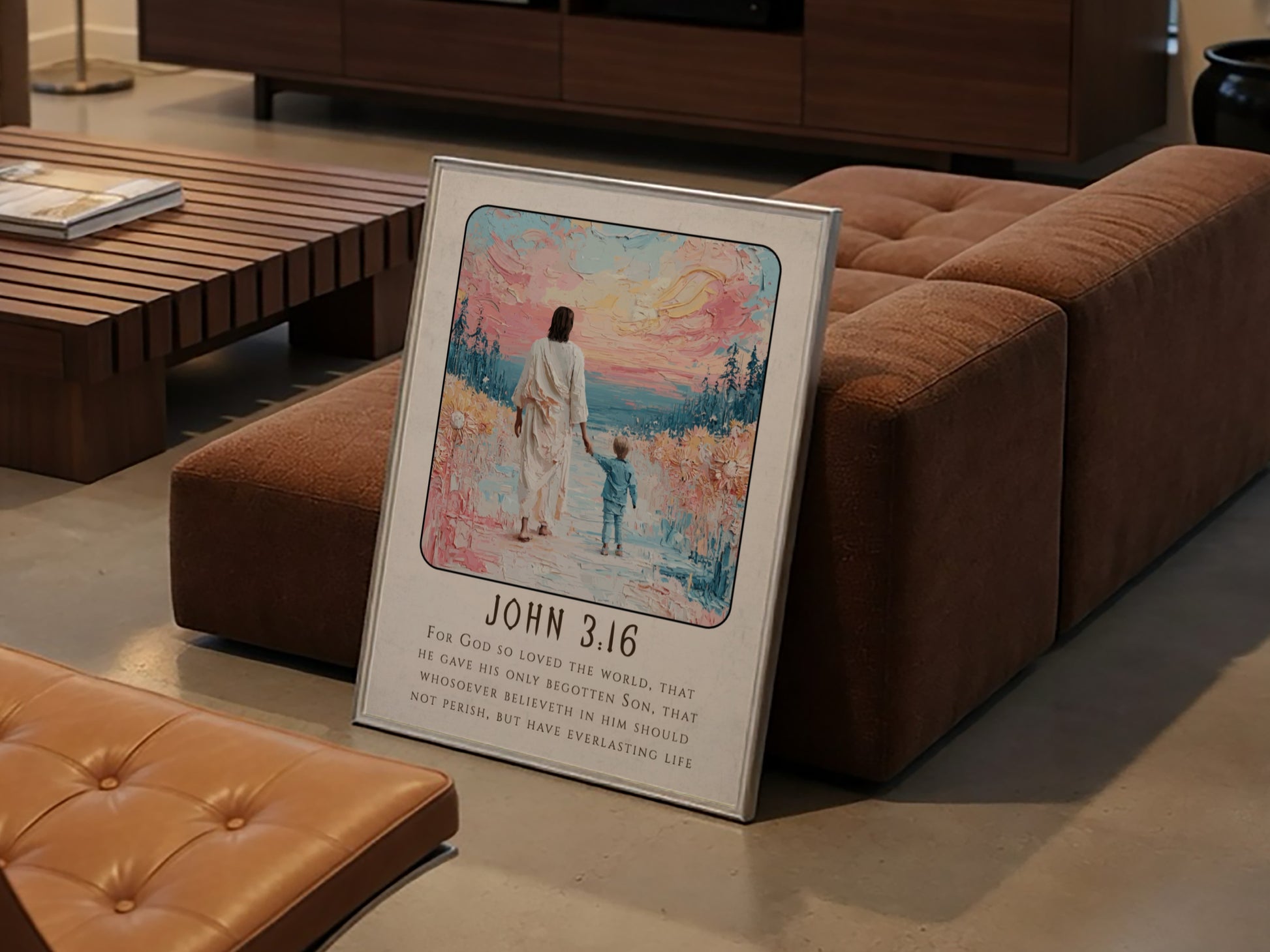 John 3:16 poster featuring a figure and child on a beach, soft pastel colors, religion wall art