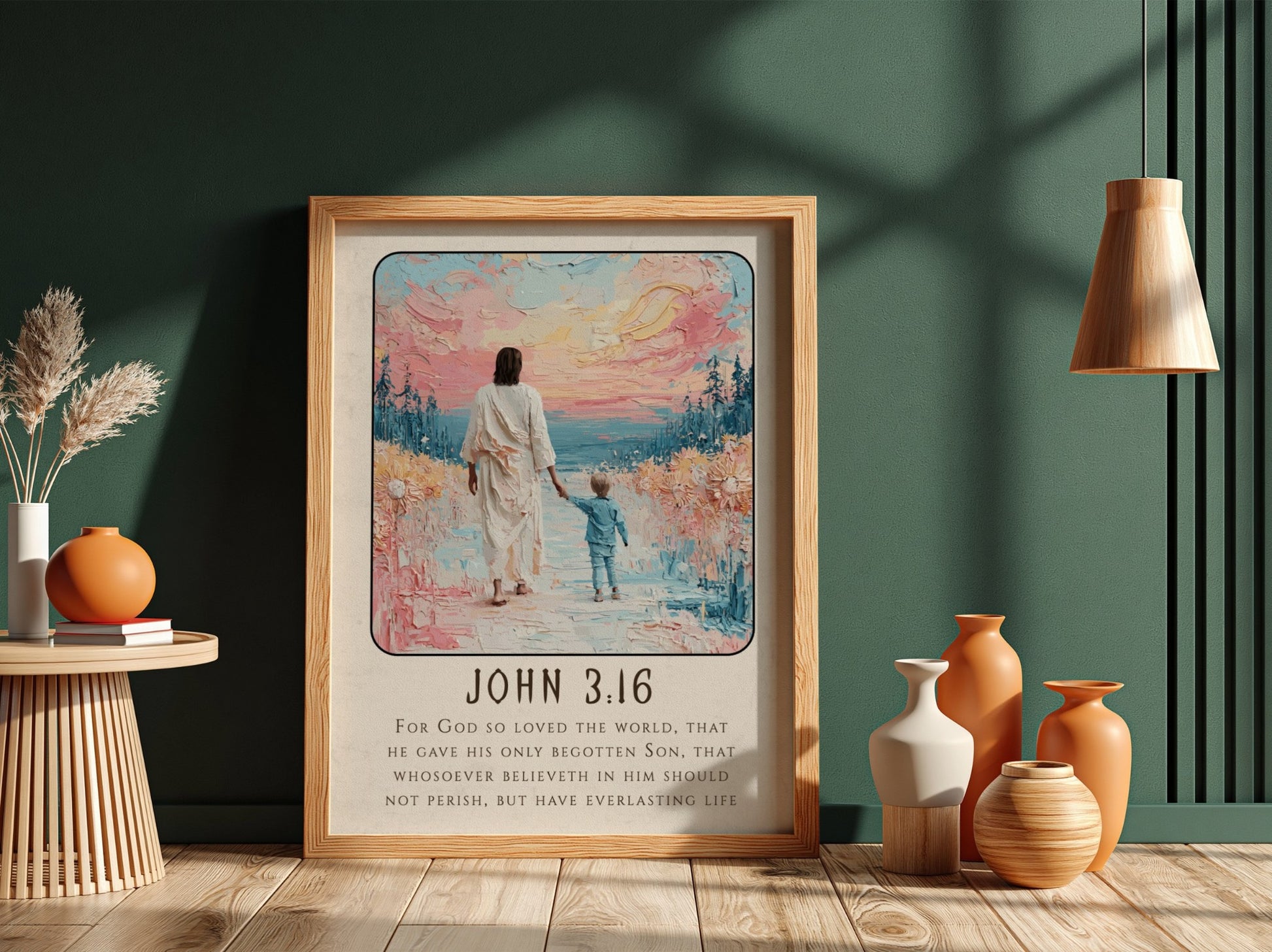 John 3:16 poster featuring a figure and child on a beach, soft pastel colors, religion wall art