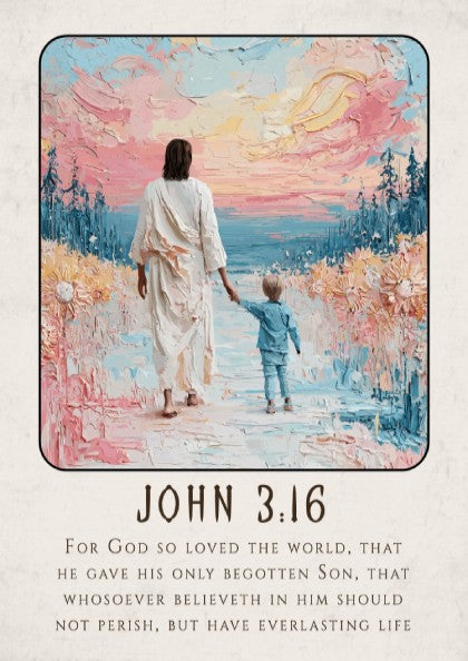 John 3:16 poster featuring a figure and child on a beach, soft pastel colors, religion wall art