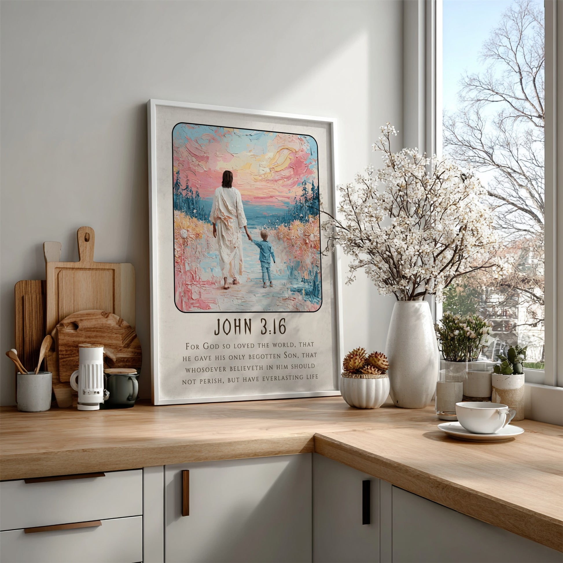 John 3:16 poster featuring a figure and child on a beach, soft pastel colors, religion wall art