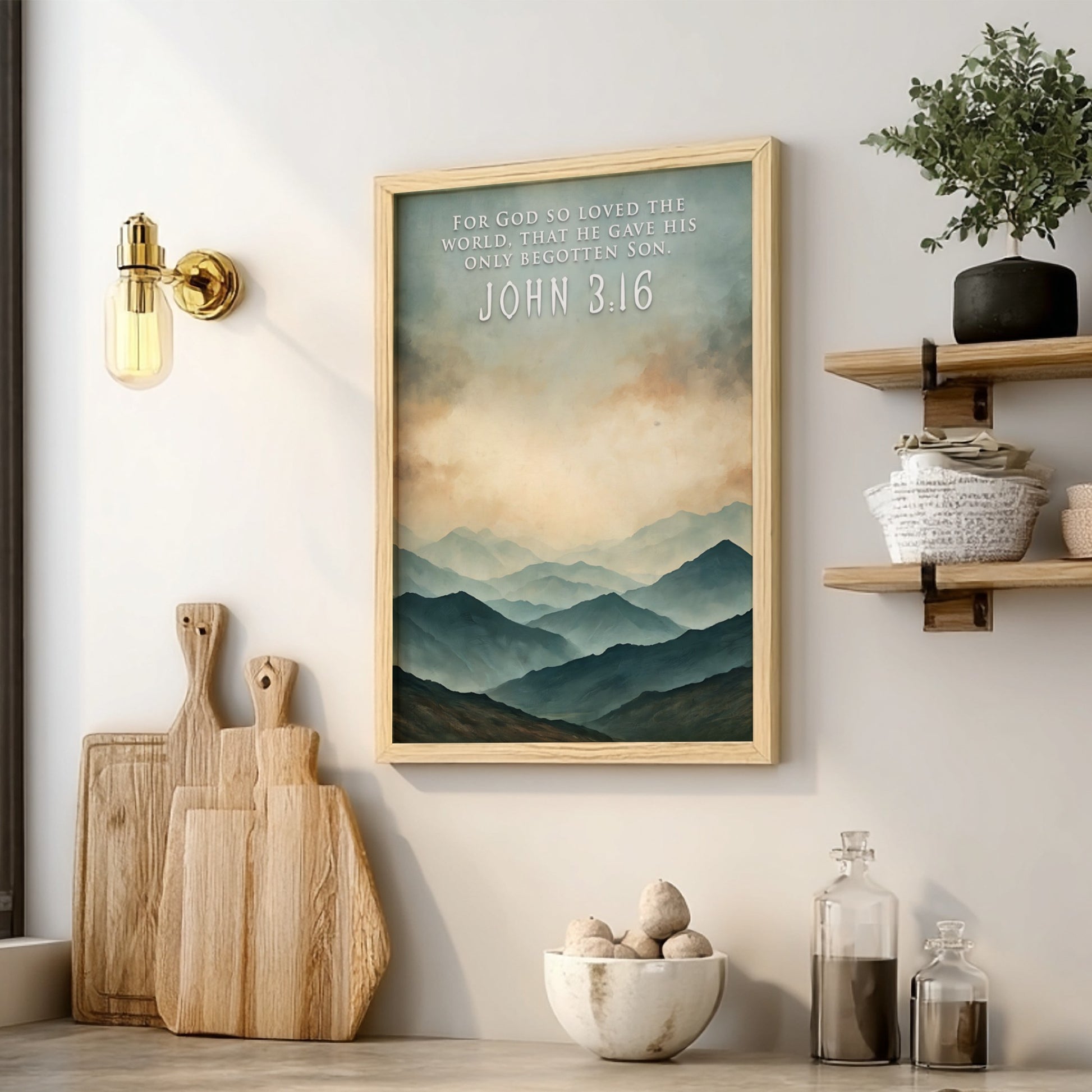 Poster of a mountain landscape with John 3:16 text in soft blue tones.