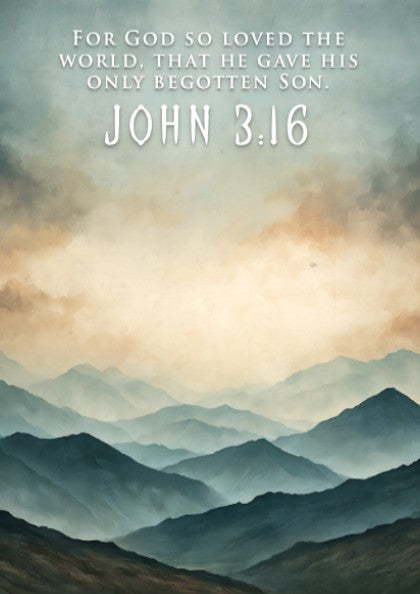 Poster of a mountain landscape with John 3:16 text in soft blue tones.