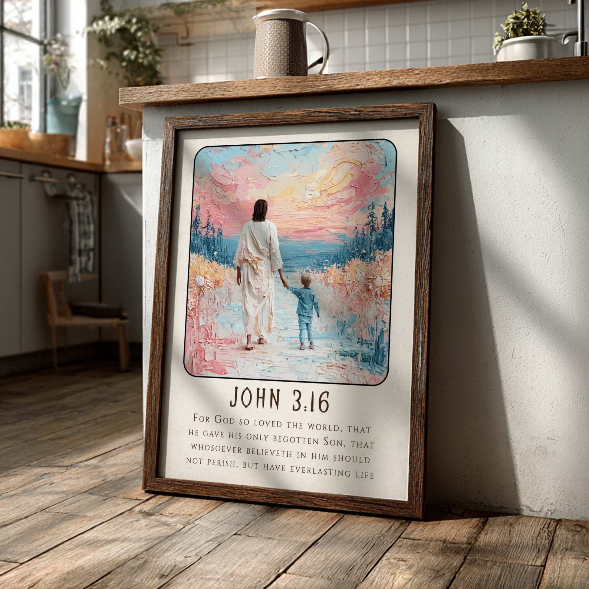 John 3:16 poster featuring a figure and child on a beach, soft pastel colors, religion wall art
