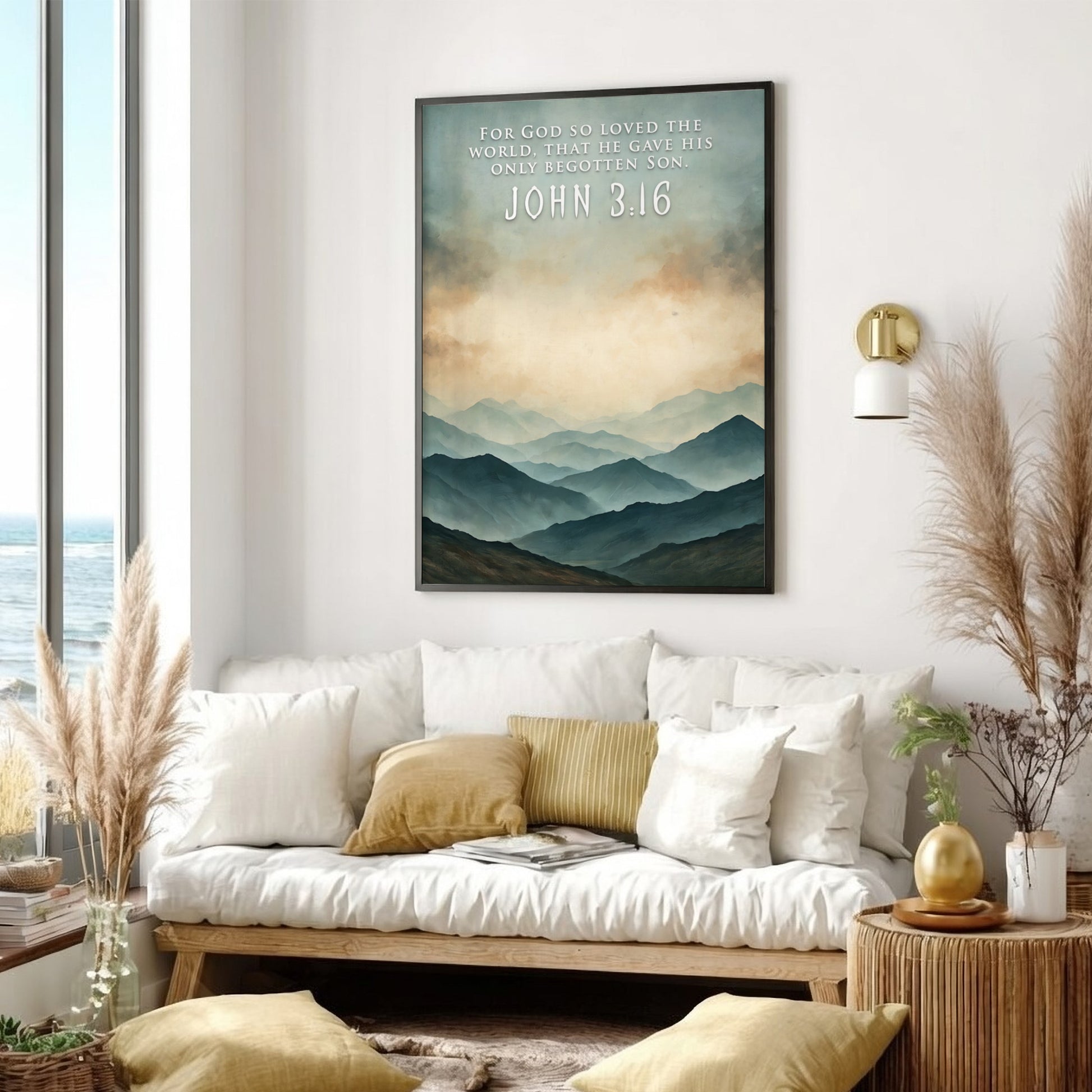 Poster of a mountain landscape with John 3:16 text in soft blue tones.